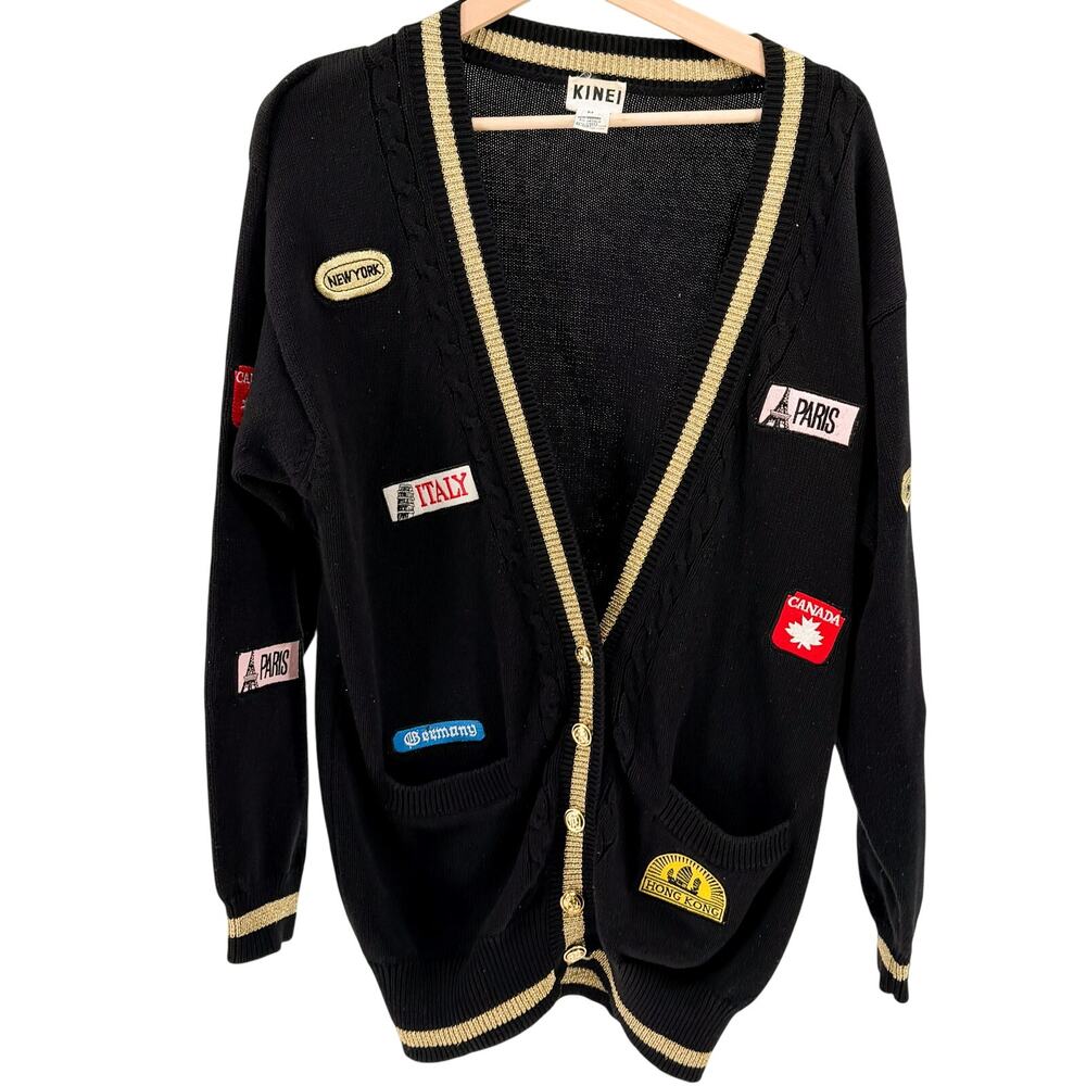 Vintage 80s Kinei Black Knit Travel Patch Gold Trim Varsity Cardigan Sweater
